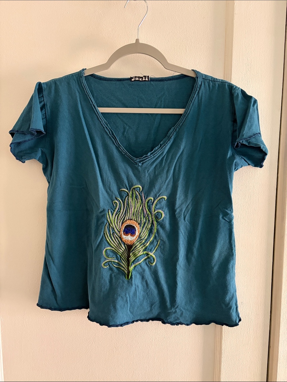Jayli Teal Short-Sleeve V-Neck Top with Peacock Feather Embroidery